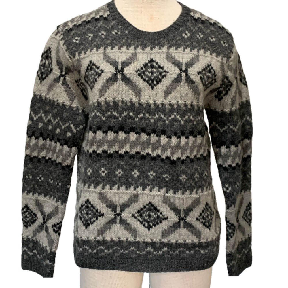 Knit By Hand sz M grey 100% wool crewneck chunky patterned sweater